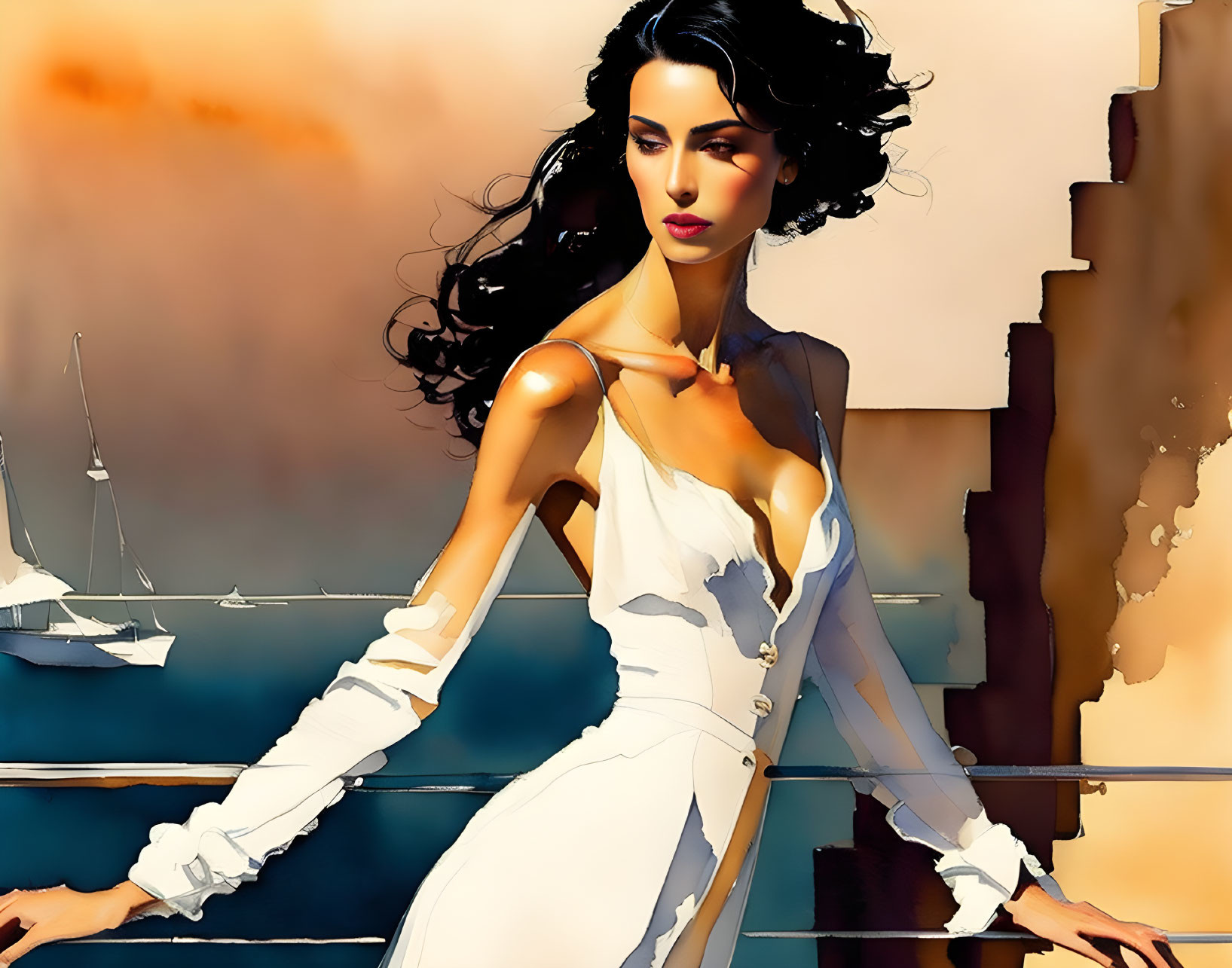 Stylized digital artwork of woman in white dress by waterside