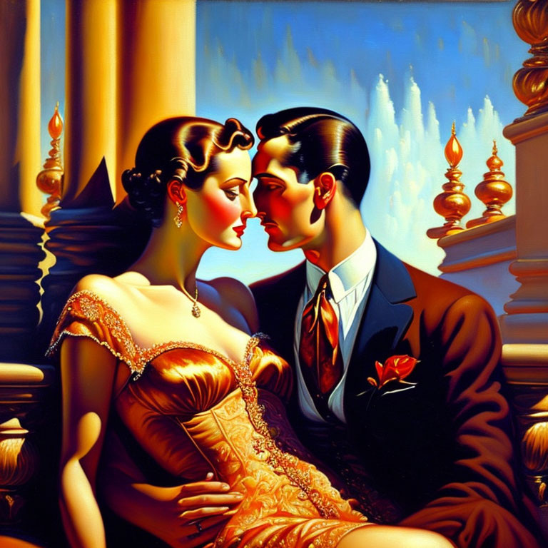 Elegant evening wear couple painting with ornate background