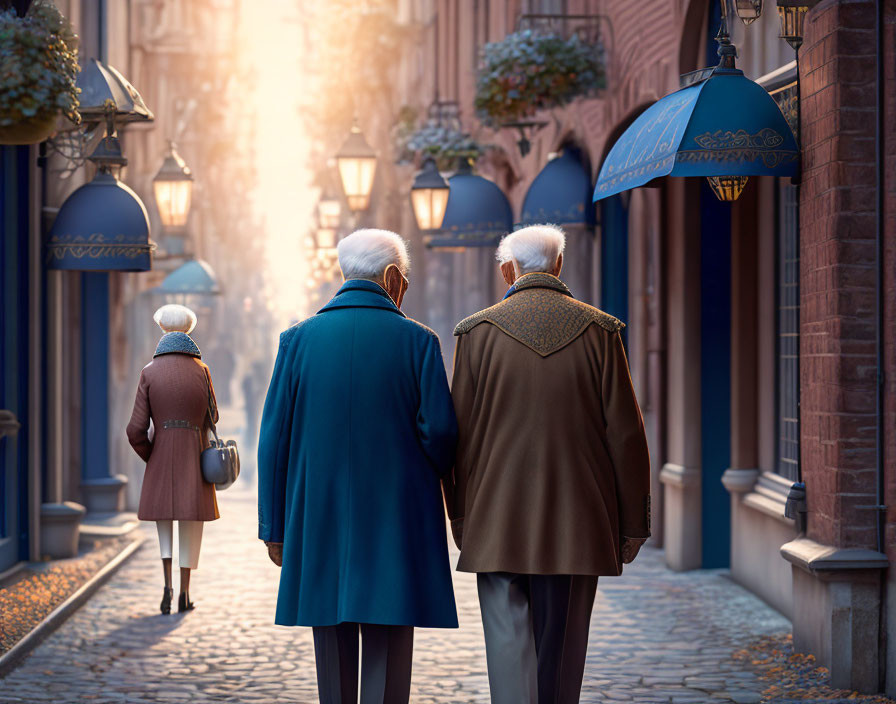 Elderly couples walking on quaint street at sunrise