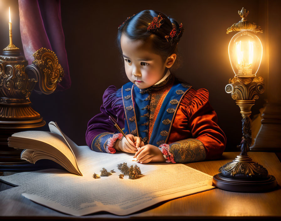 Young girl in traditional dress writing with quill pen by oil lamp and open book