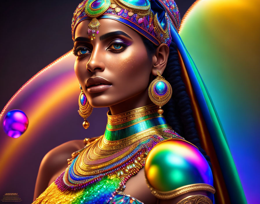 Colorful lights and spheres frame a woman with striking makeup and ornate jewelry