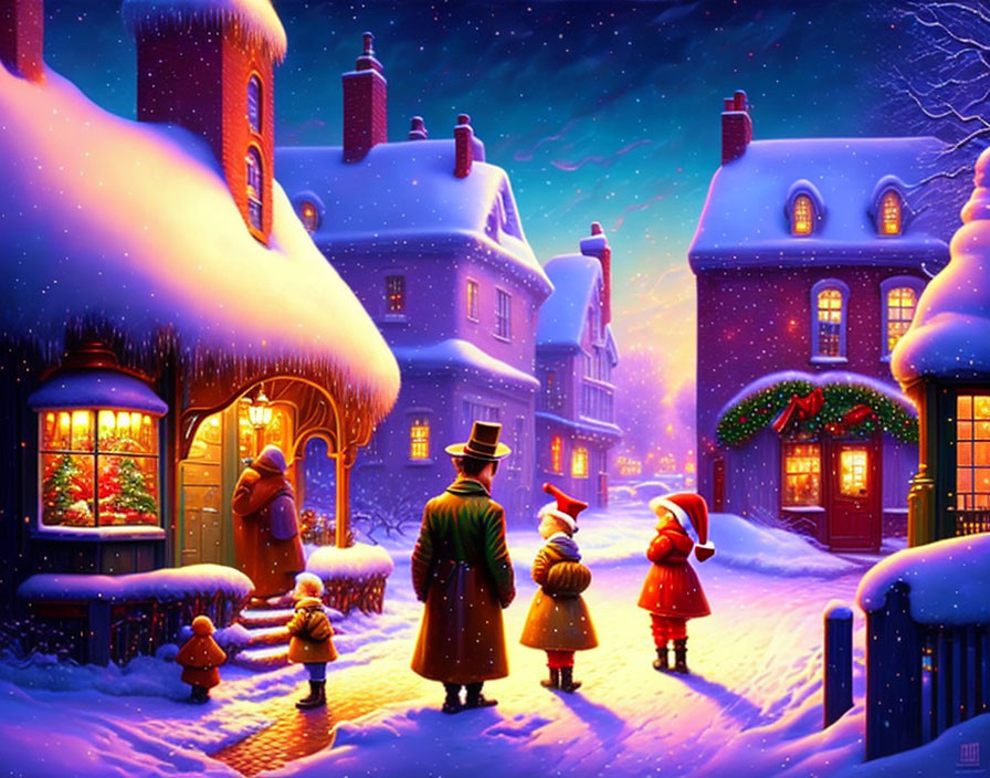 Snow-covered houses and Victorian attire in festive winter night scene