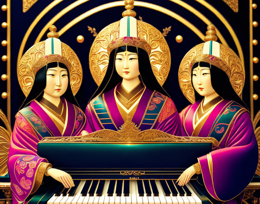 Stylized Asian figures playing piano in traditional attire