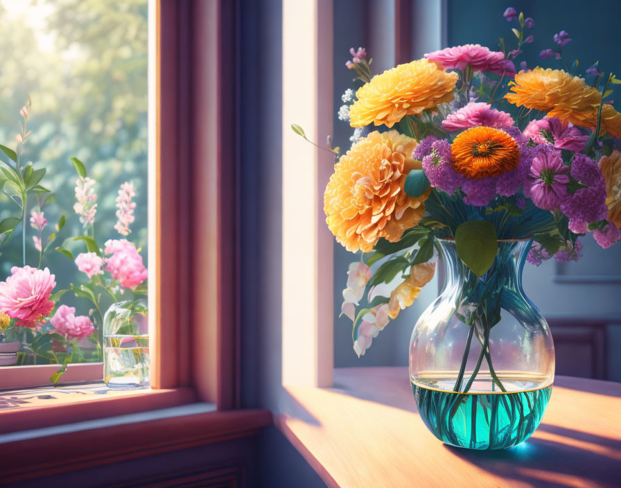 Assorted flowers in blue vase on sunny windowsill