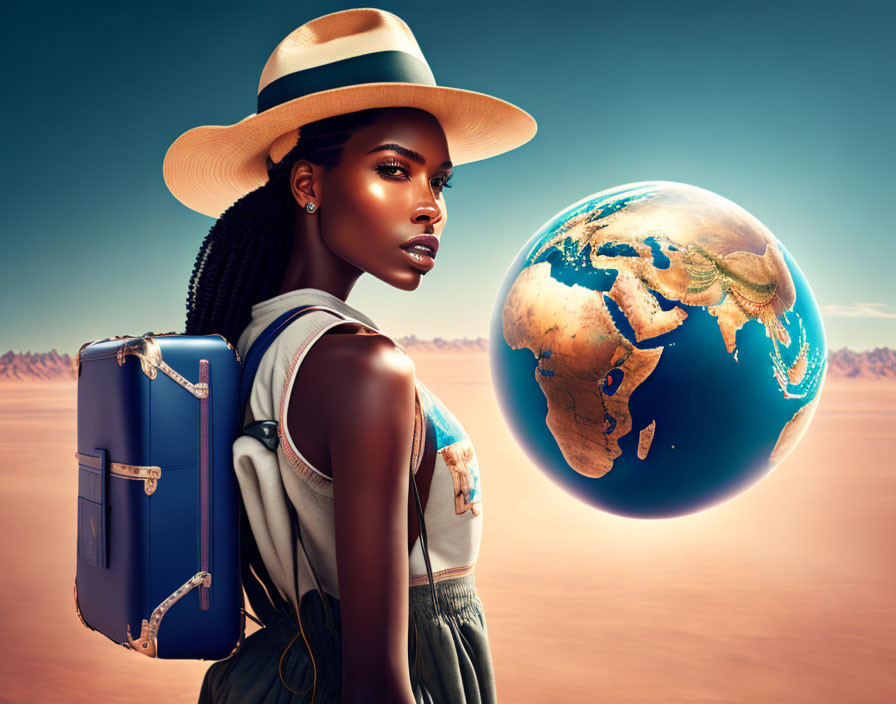 Woman with suitcase gazes at oversized floating Earth in desert