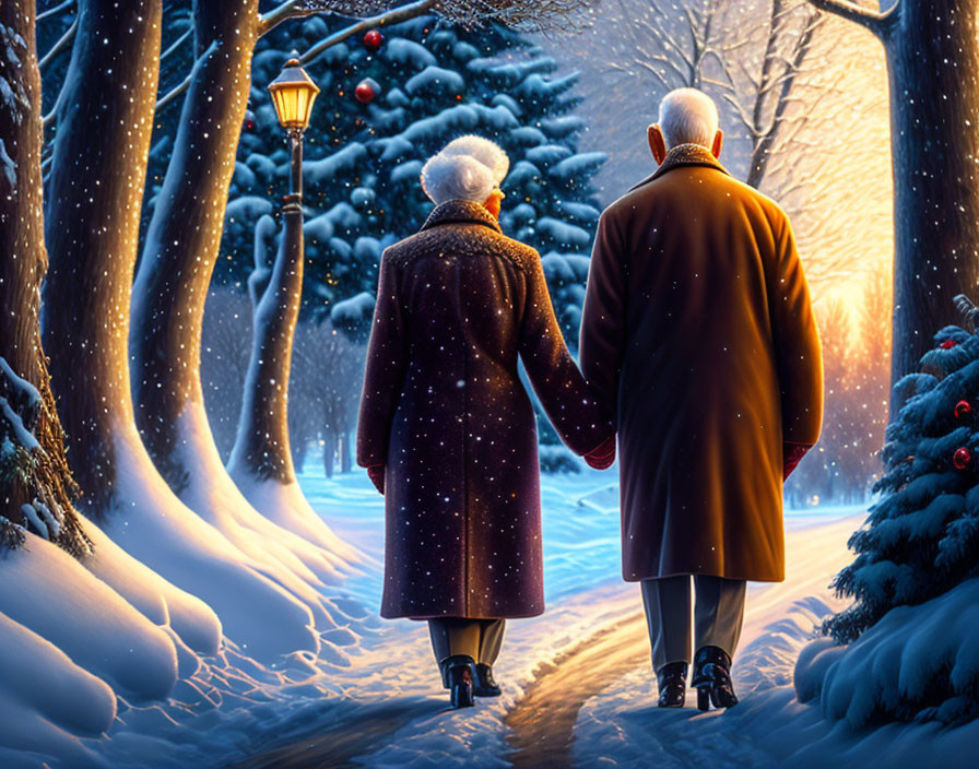 Elderly couple walking in snow-covered park at night