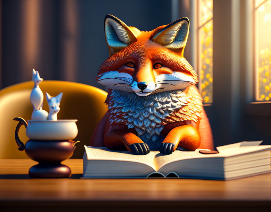 Animated fox reading book by candlelight with cozy window background