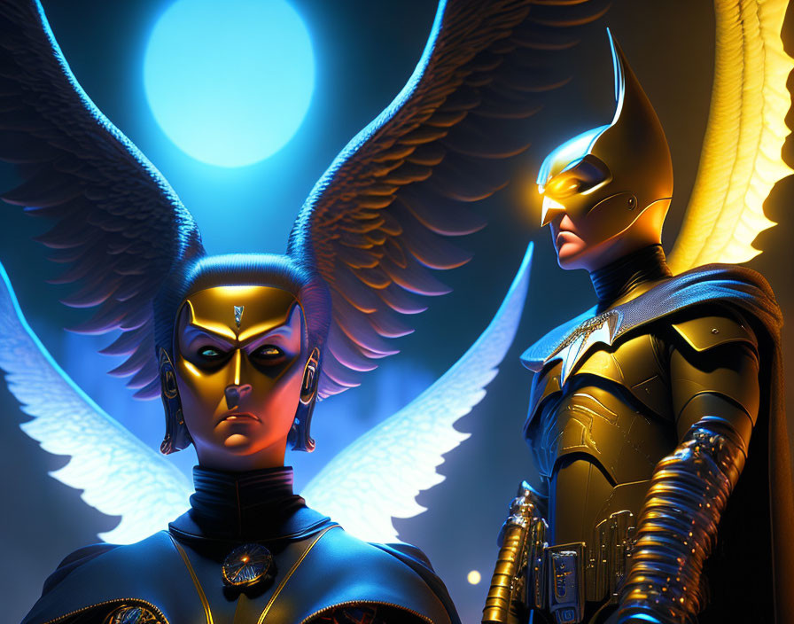 Stylized superhero figures in golden-black outfits with winged backdrop and glowing blue circle