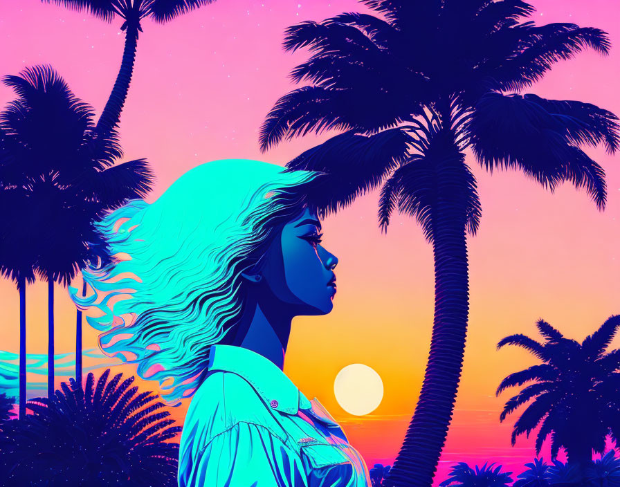 Profile silhouette of a woman with sunset colors and palm trees