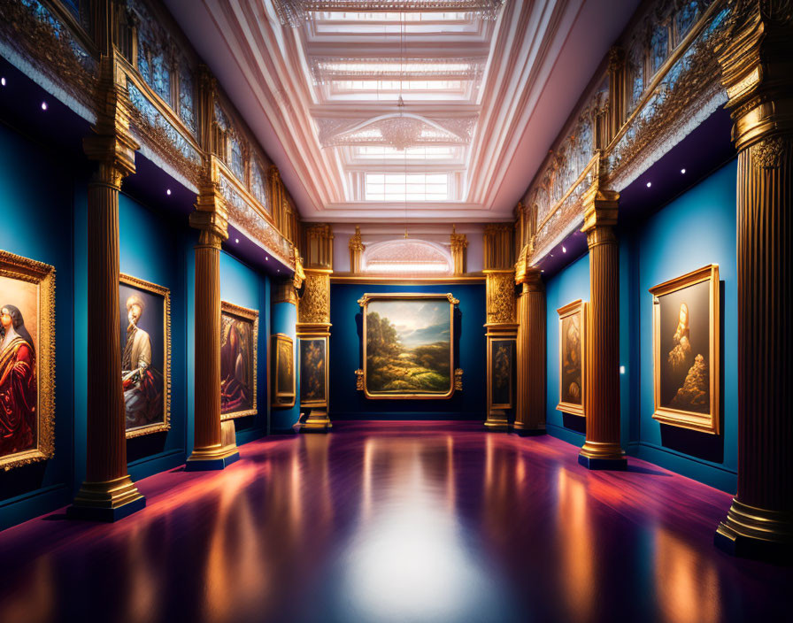 Luxurious Art Gallery with Classic Paintings and Golden Frames