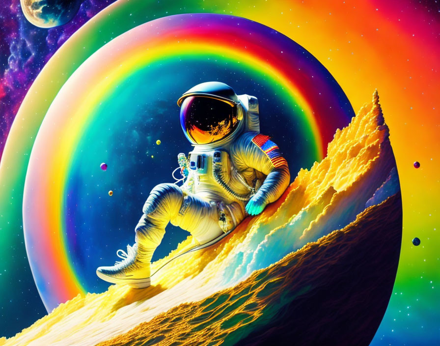 Astronaut on rocky edge with colorful space background