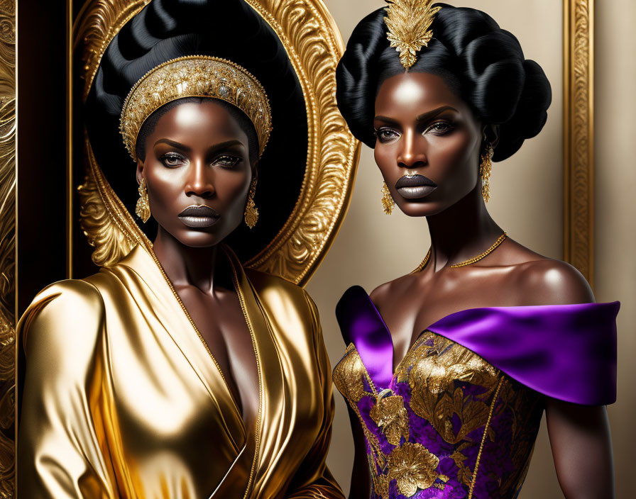 Regal women with elaborate hairstyles in gold and purple attire