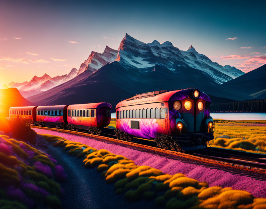 Colorful Train Journey Through Sunset Landscape