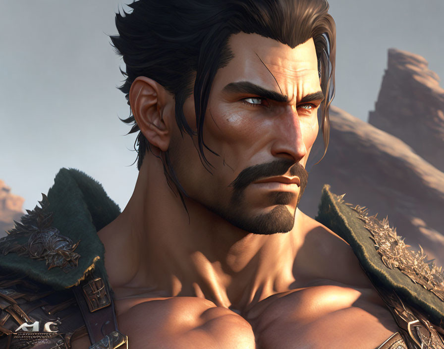 Muscular Man in Fur-Trimmed Armor on Desert Background