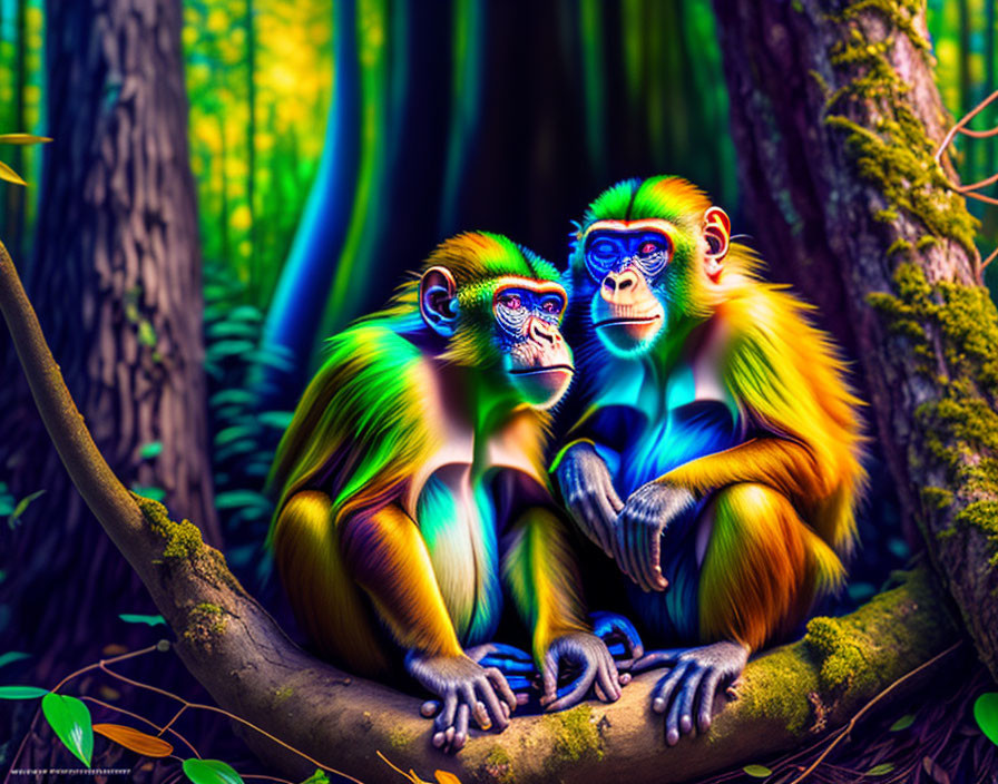 Vibrantly colored monkeys with blue faces in lush forest setting