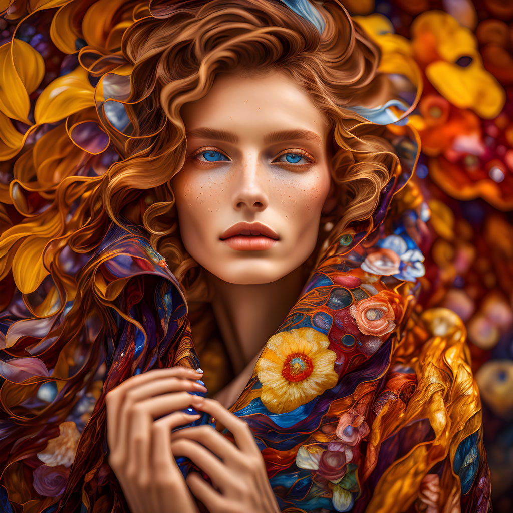 Woman with Blue Eyes and Red Curly Hair in Colorful Shawl on Autumn Background