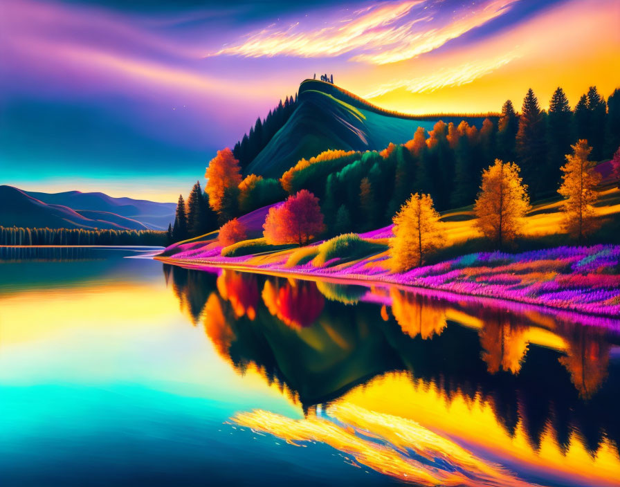 Colorful landscape with purple sky, reflective lake, and rolling hills.