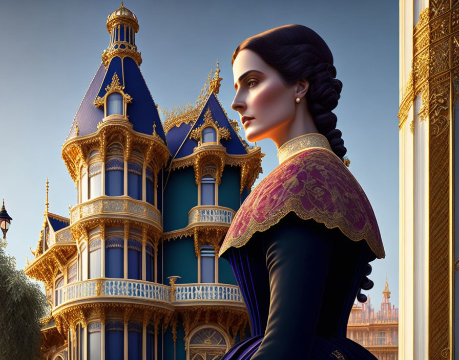 Victorian-dressed animated woman in front of ornate castle - regal and pensive.