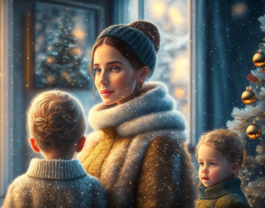 Woman and two children in winter attire by window with falling snow and Christmas tree indoors.