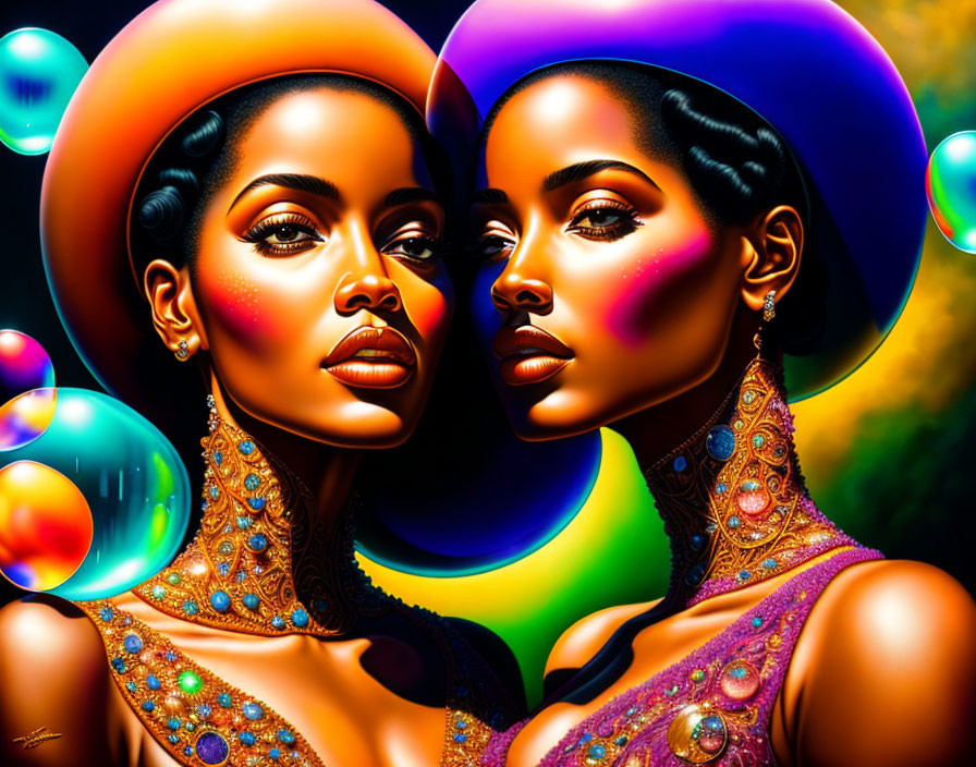 Colorful digital art featuring two women with striking makeup, reflective orbs, and ornate attire.