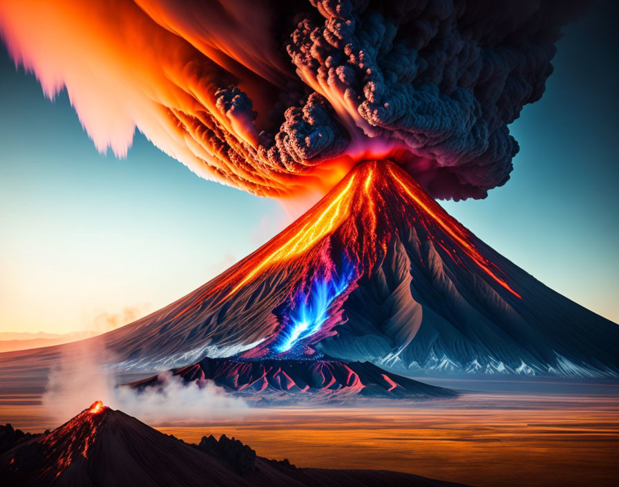 Erupting volcano with lightning in dramatic sunset sky