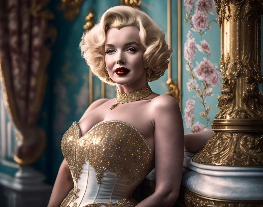 Blonde woman in gold dress and choker posing by gilded mirror