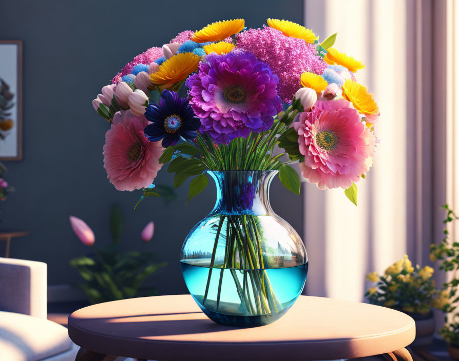 Colorful Flower Bouquet in Blue Vase on Wooden Table in Sunlit Room