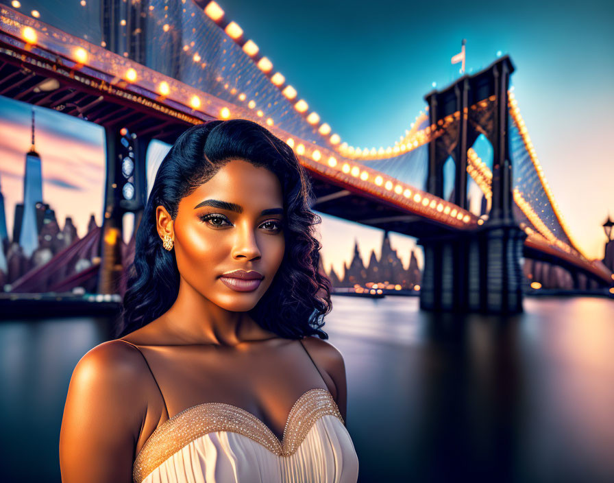 Woman in elegant dress against illuminated Brooklyn Bridge & NYC skyline at twilight