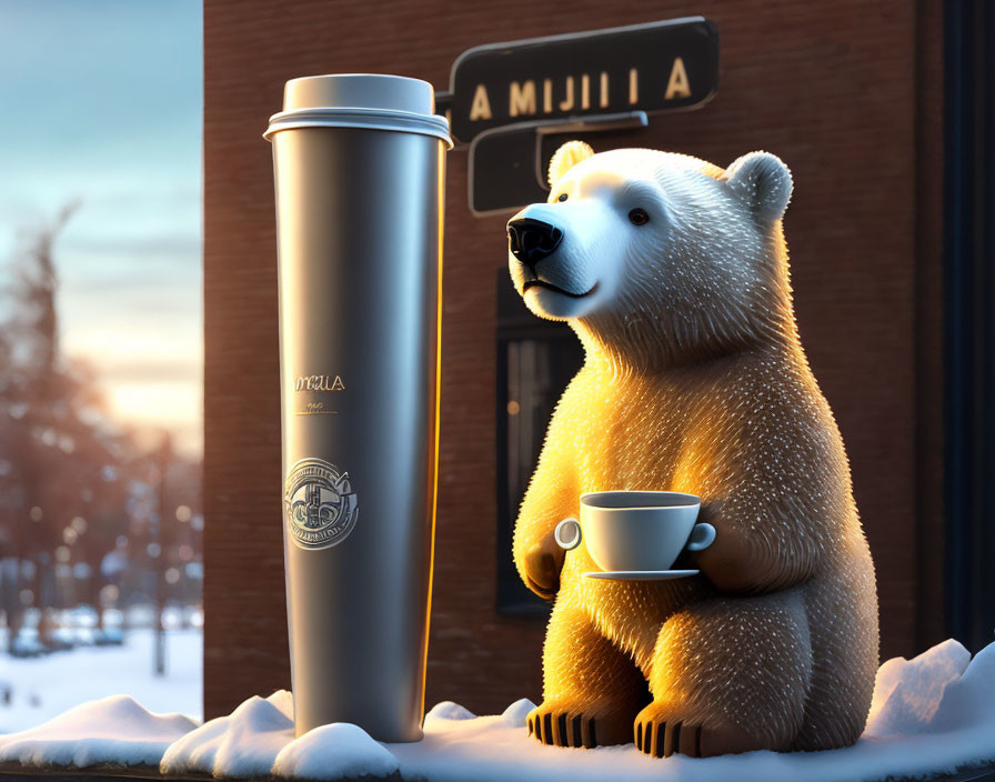 Polar bear with white cup and "Mozilla" travel mug in snow at sunrise or sunset