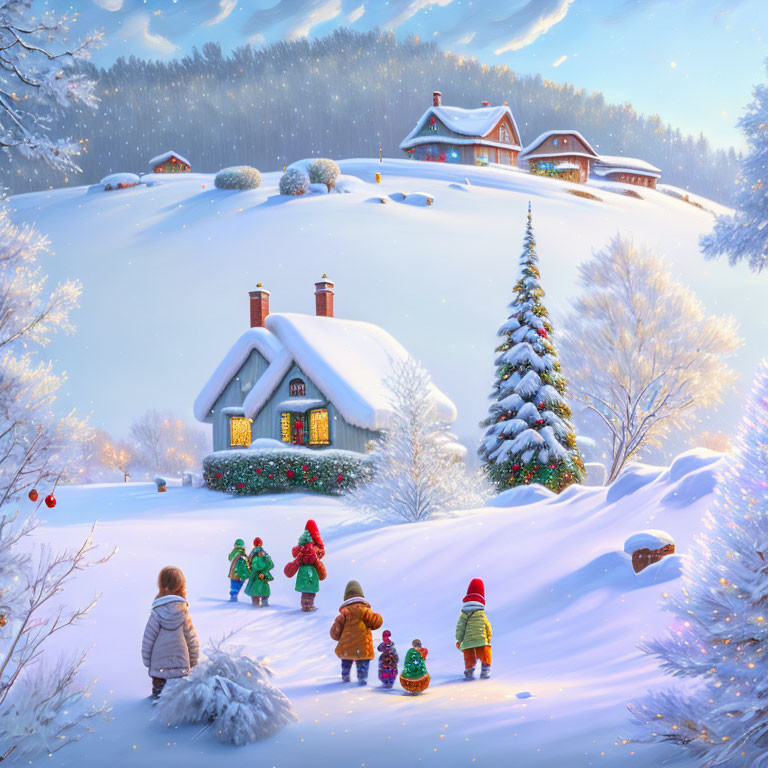 Kids walking to warm, lit house in snowy winter scene