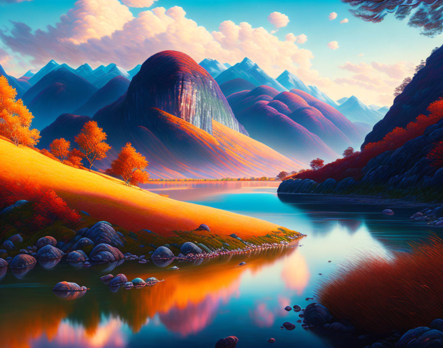 Colorful Autumn Landscape with River and Mountains