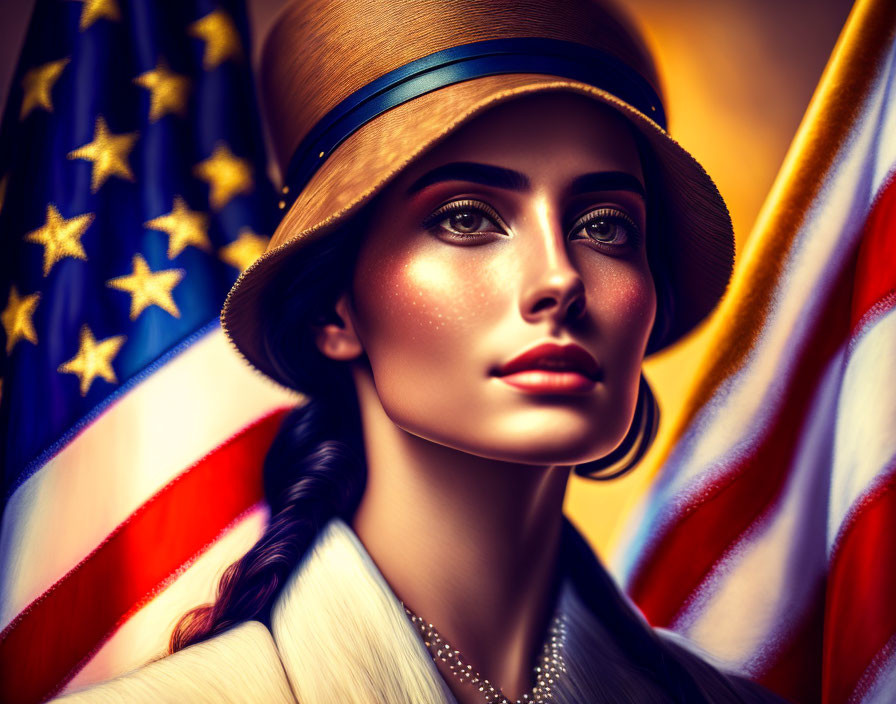 Stylized portrait of a woman with fedora and braided hair against American flag backdrop