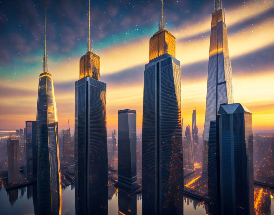 Cityscape at Dusk: Illuminated Skyscrapers, Twilight Sky