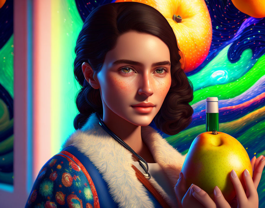 Vibrant digital portrait: woman holding pear, dark hair, freckles, patterned jacket