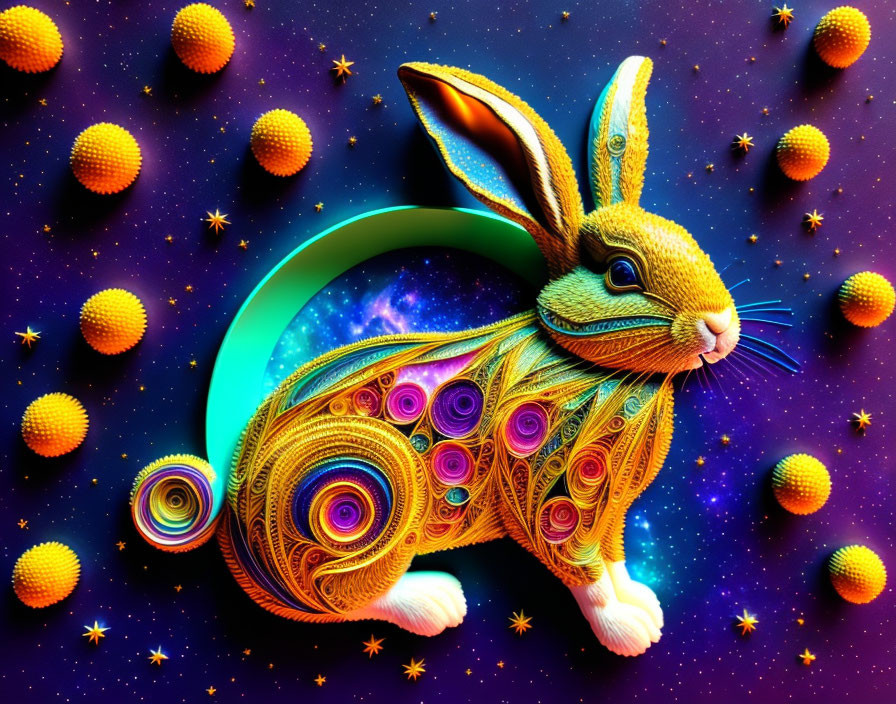 Golden rabbit digital art with swirling patterns on cosmic backdrop