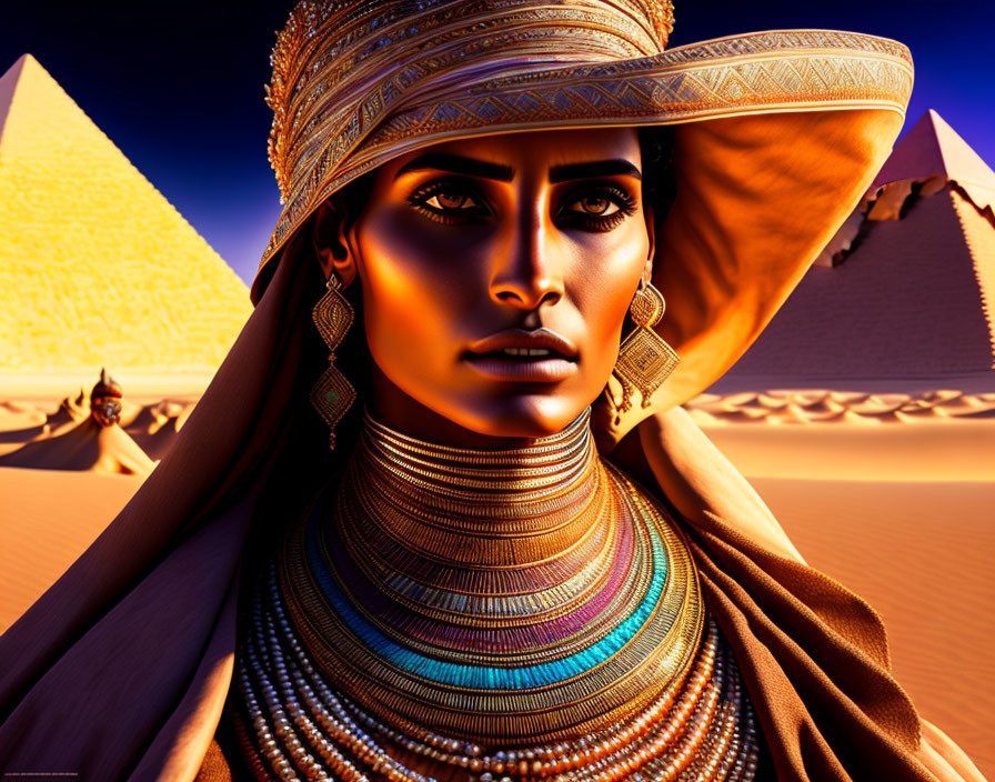 Traditional Egyptian-style jewelry on woman with pyramids and sunset sky