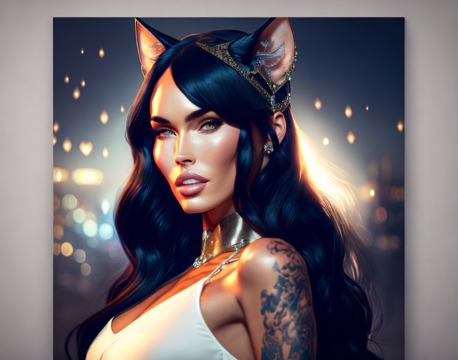 Woman with Cat Ears, Headpiece, and Tattoos on Illuminated Background