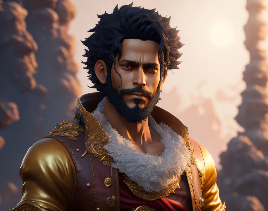 Detailed 3D rendering of a man with dark hair and beard in regal attire against dusky