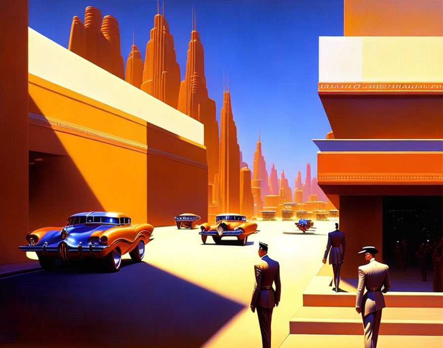 Futuristic cityscape with art deco style, vintage cars, and period clothing