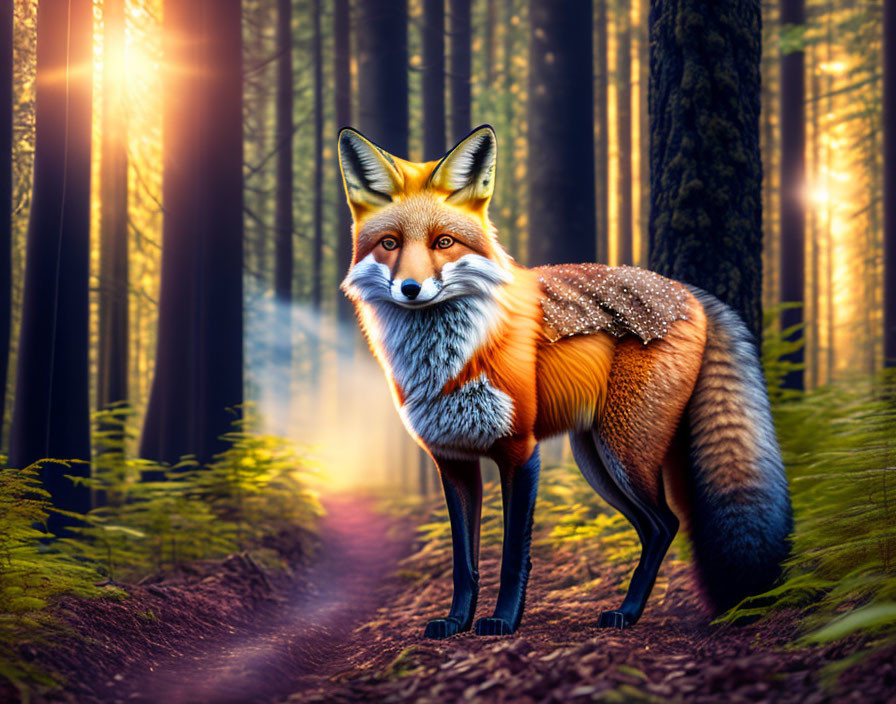 Red Fox in Sunlit Forest with Beams of Light