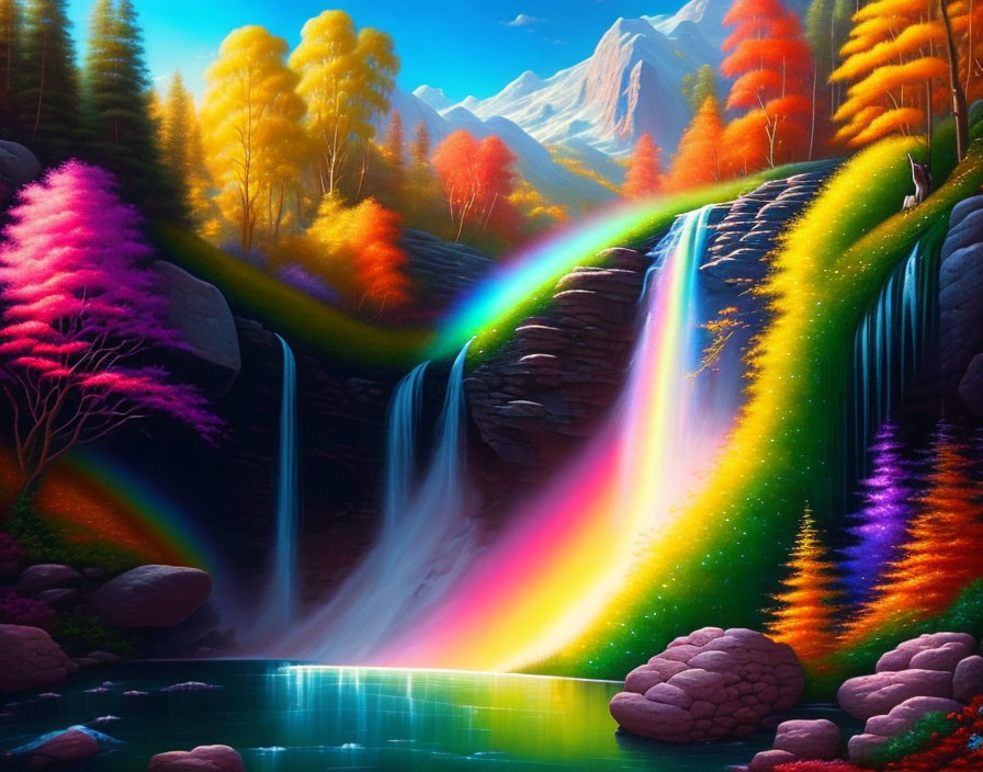 Colorful digital artwork: Twin waterfalls, rainbow, trees, mountains