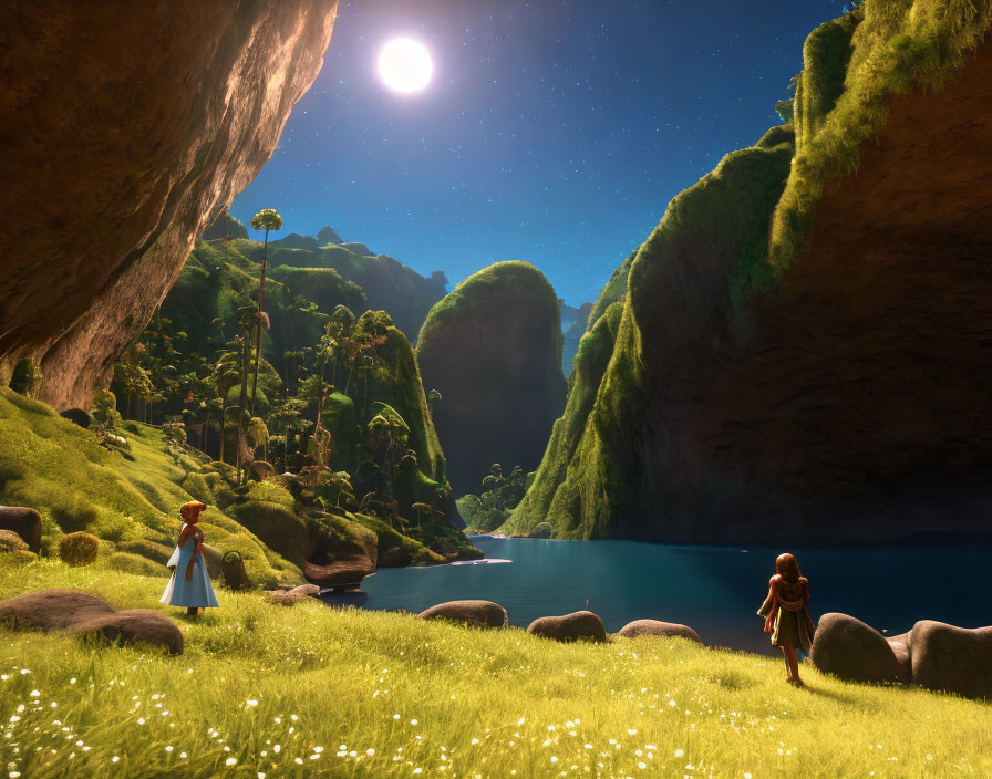 Tranquil valley scene with characters, lake, cliffs, and celestial body