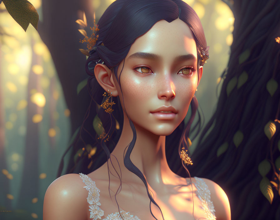 Digital portrait: Young woman with delicate features, gold accessories, sunlit foliage frame