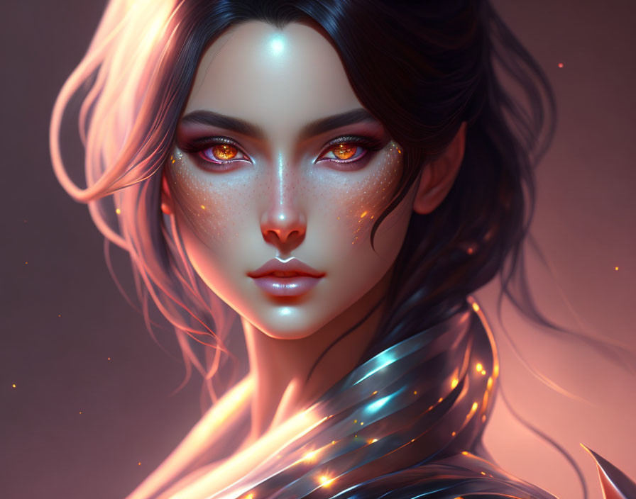 Digital artwork: Woman with luminous eyes, glowing skin, and flowing hair intertwined with shimmering strands