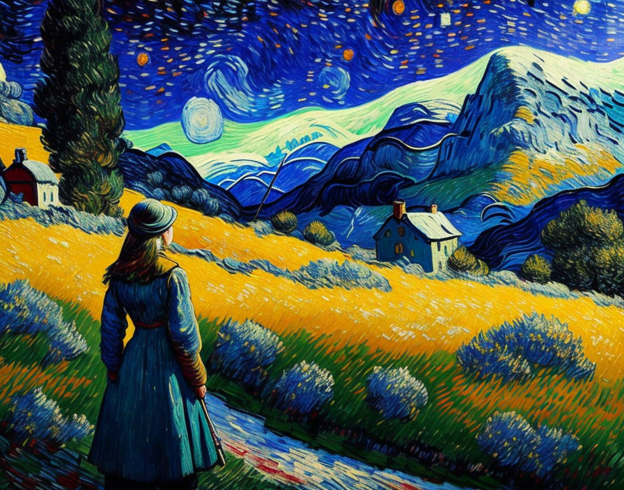 Person in Blue Dress in Vibrant Landscape with Yellow Fields and Blue Sky