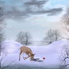 Kids walking to warm, lit house in snowy winter scene