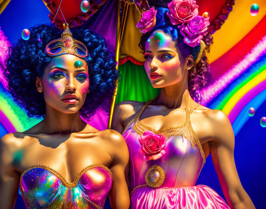 Colorful Women in Flower-Adorned Costumes on Rainbow Background