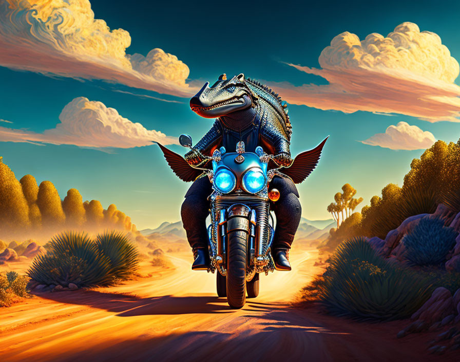 Anthropomorphic Crocodile Riding Motorcycle in Desert Sunset