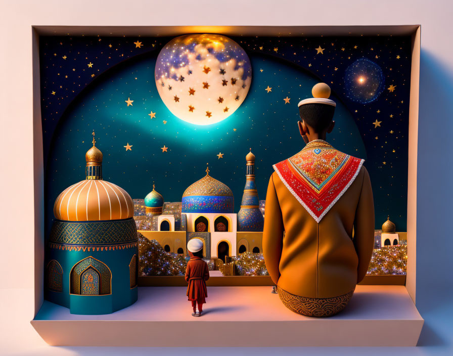 Illustration of person and child viewing Eastern architecture diorama at night