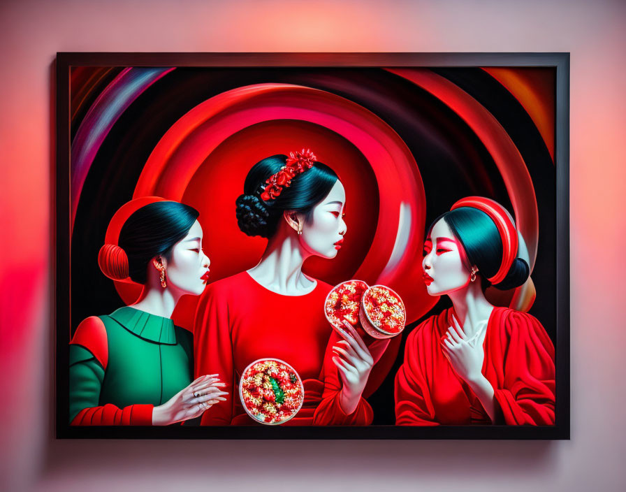 Three women in red traditional outfits on swirling red background with mirror and pizza reflection.